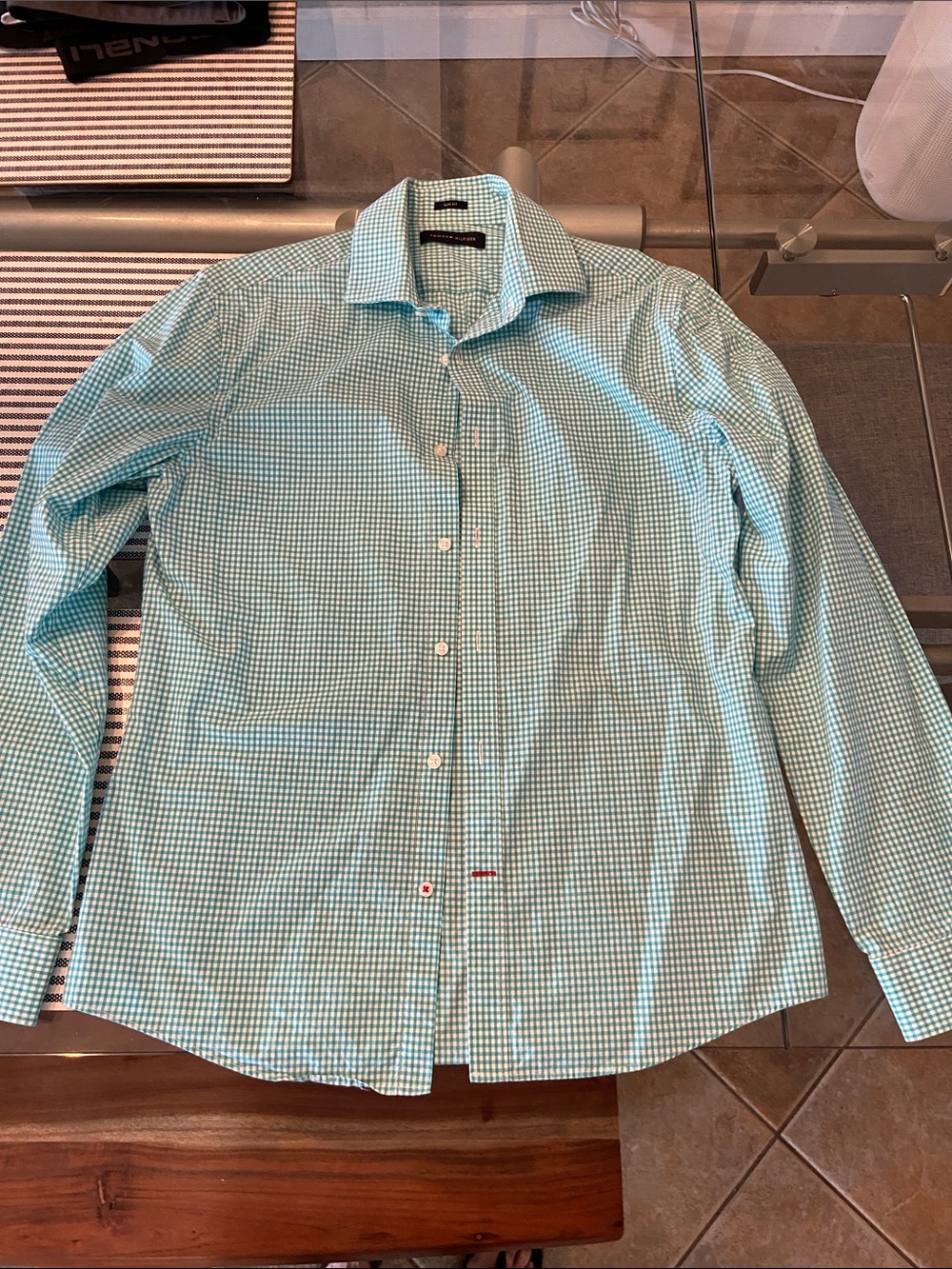 Tommy Hilfiger Men’s Small Check Dress Shirt - Teal & White